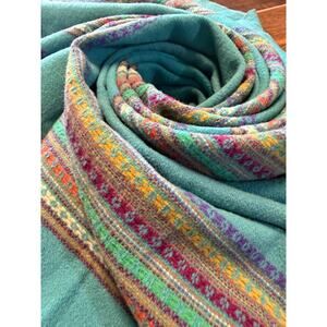 Vintage Amana Woolen Mill Wool Blanket Throw Teal Southwestern Stripe USA 65x51